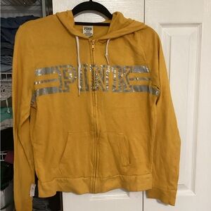 PINK Victoria's Secret Mustard Yellow Zip Hoodie with Silver Logo
